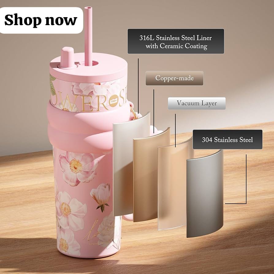 24 oz Stainless Steel Tumbler with Lid and Straw, Insulated Coffee Mug, Leak Proof, Portable Iced Travel Water Bottle, Reusable Thermal Coffee Cup, Floral Blue
