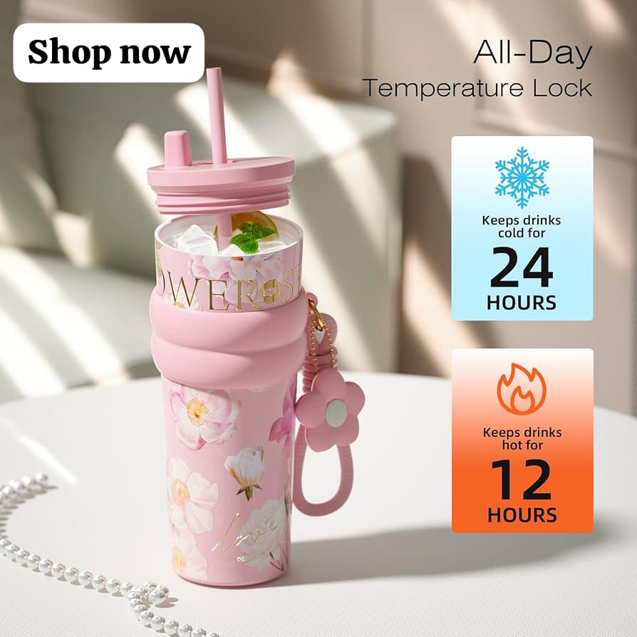 24 oz Stainless Steel Tumbler with Lid and Straw, Insulated Coffee Mug, Leak Proof, Portable Iced Travel Water Bottle, Reusable Thermal Coffee Cup, Floral Blue