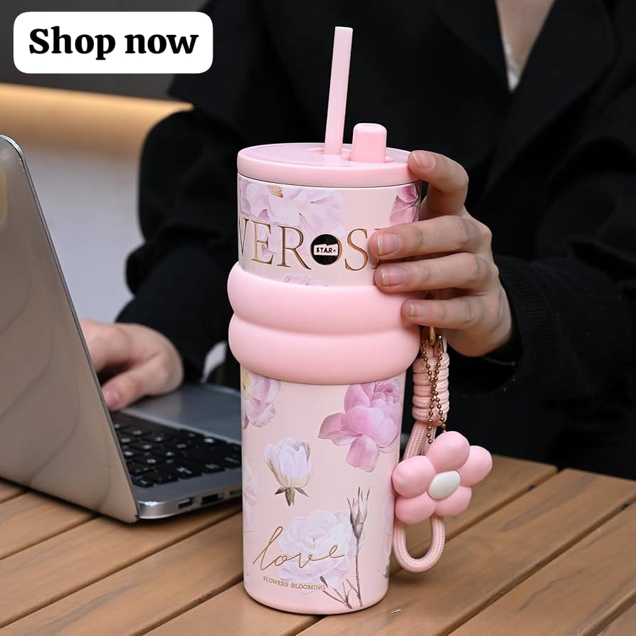 24 oz Stainless Steel Tumbler with Lid and Straw, Insulated Coffee Mug, Leak Proof, Portable Iced Travel Water Bottle, Reusable Thermal Coffee Cup, Floral Blue