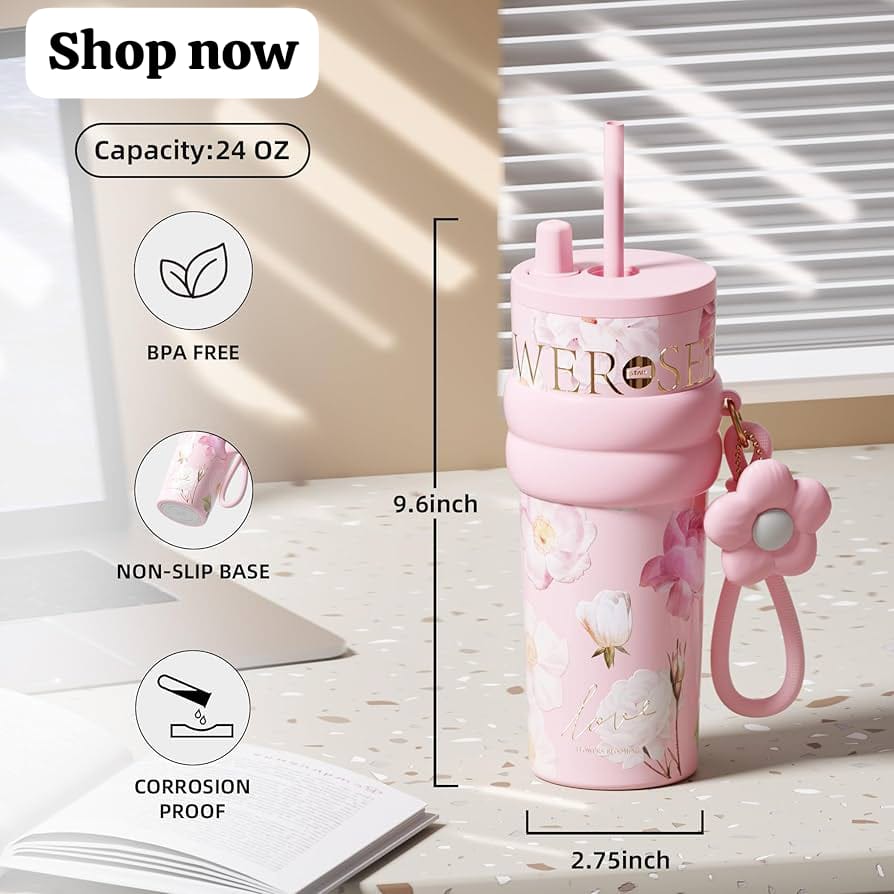24 oz Stainless Steel Tumbler with Lid and Straw, Insulated Coffee Mug, Leak Proof, Portable Iced Travel Water Bottle, Reusable Thermal Coffee Cup, Floral Blue